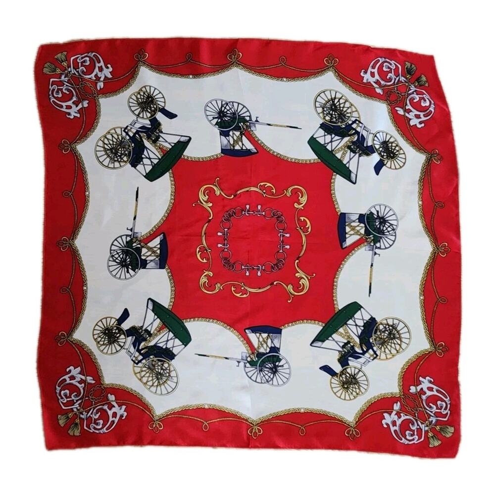 Vintage Unbranded Red Silk Classic Cars Baroque Square Pocket Scarf 21" 53cm